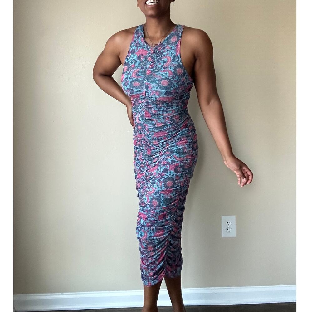 House of Harlow 1960 Blue Paisley Ruched Mesh Midi Dress Size Small